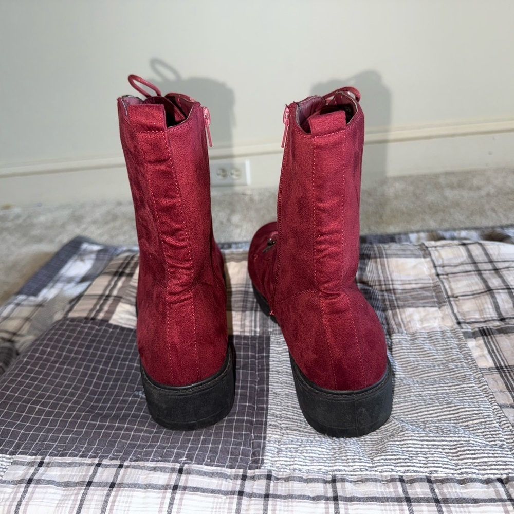 Burgundy Lace-Up Zippered Combat Boots - Picture 2 of 8